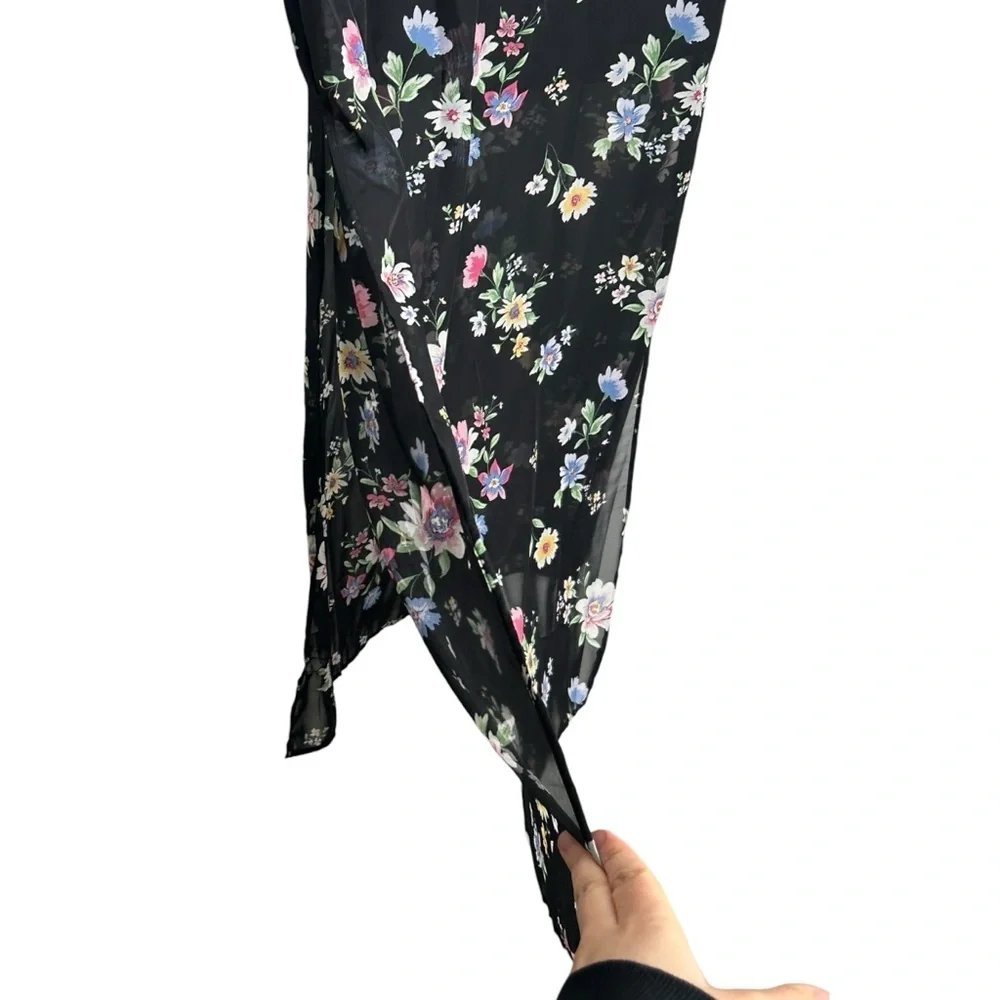 H&M Divided Sheer Floral Printed Maxi Slip Skirt Leg Slit Elastic Waist Large